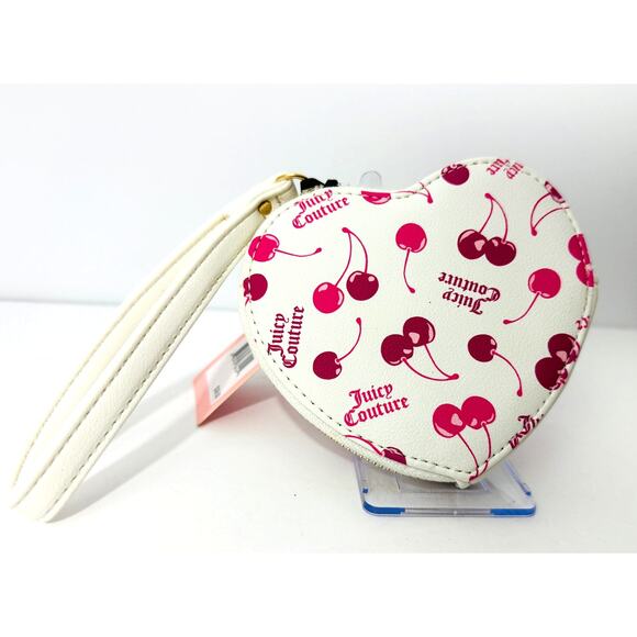 Juicy Couture Heart Wristlet Cherries on Top Print White Pink Coin Purse NWT - Picture 4 of 4
